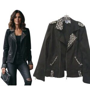 Y2K DG2 Black Denim Jacket Sz M Punk Rock Boxy Moto Bling Beaded Goth Retro Rock